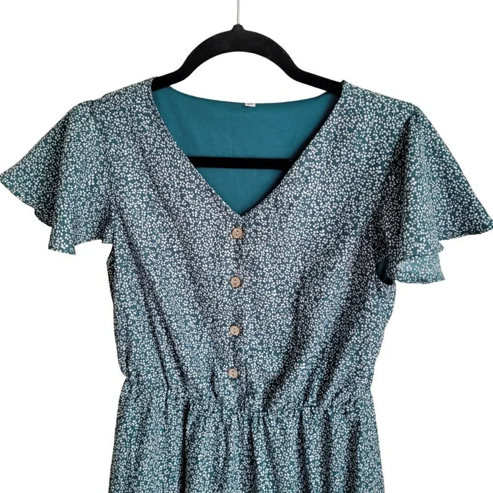 NWOT Teal Peasant V-Neck Boho Floral Ruffled Hem Wooden Button Midi Dress